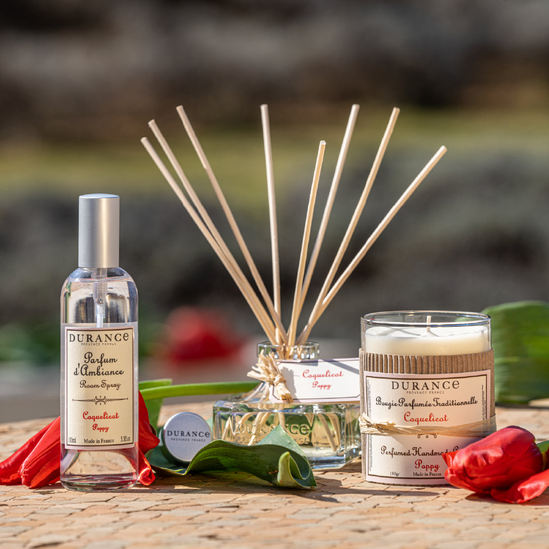 Poppy Scented Handmade candle, diffuser, poppy room spray Air freshener parfums-d-ambiance