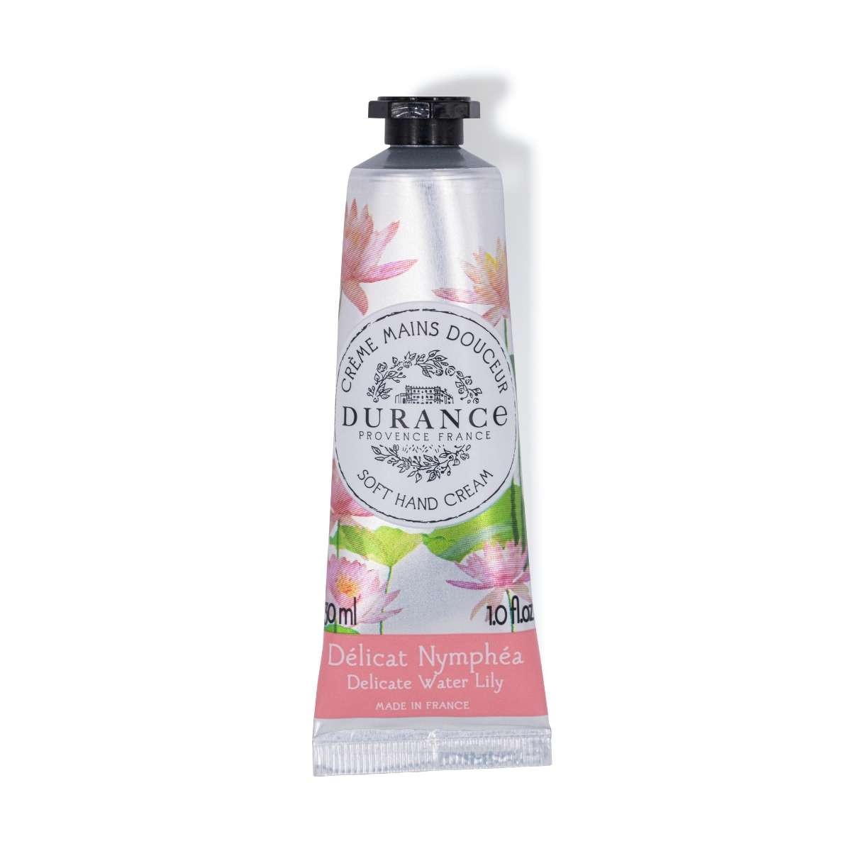 A tube of Durance Delicate Water Lily hand cream with floral designs and text on the packaging.