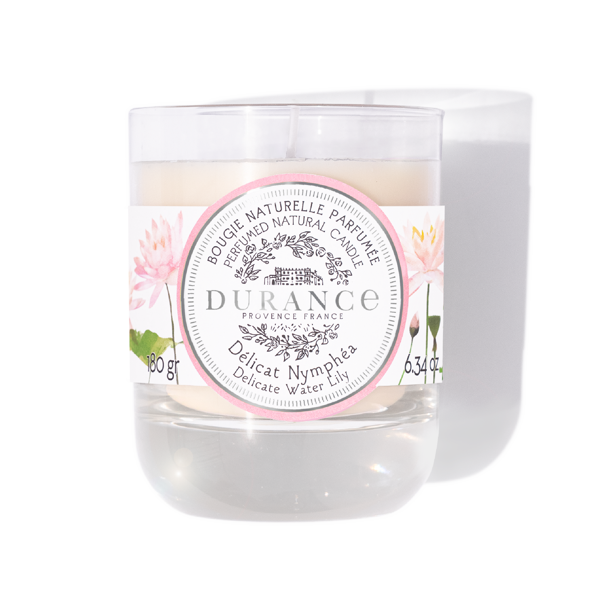 Delicate Water Lily Candle in a glass jar with a Durance label 