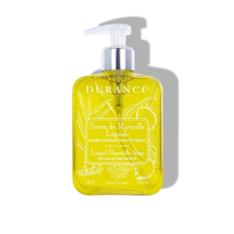 Yellow bottle of Durance Liquid Marseille Soap on a white background