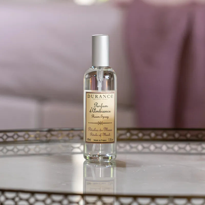 Bottle of Durance Musk and Tonka Air Freshener on a table