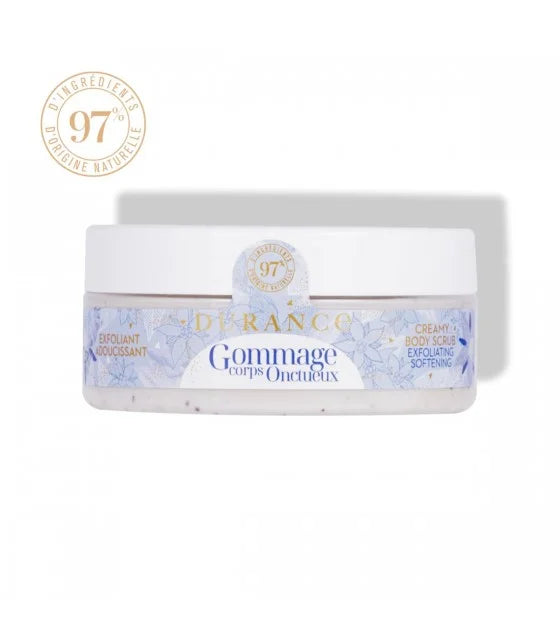A jar of Durancé creamy body scrub with a label that includes the brand name and product name, placed against a white background.