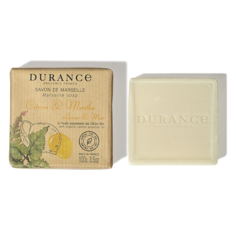 Packaged bar of Durance soap with lemon and mint label, 100 grams.