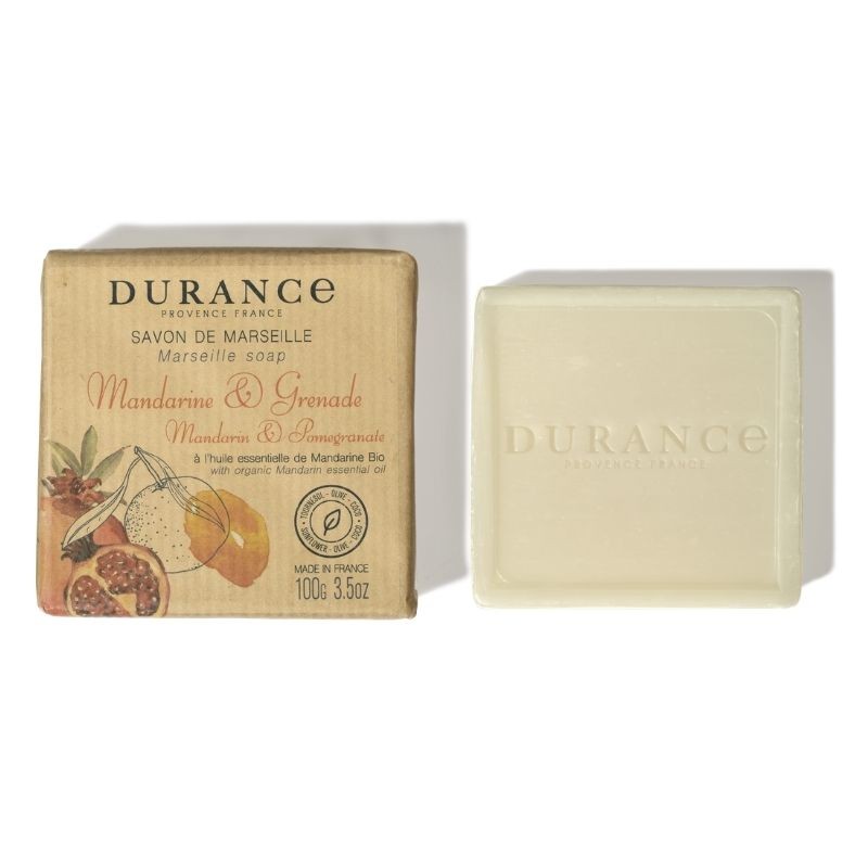 Packaged bar of Durance soap with 'Mandarin & Pomegranate' label, displayed in front of its packaging box.