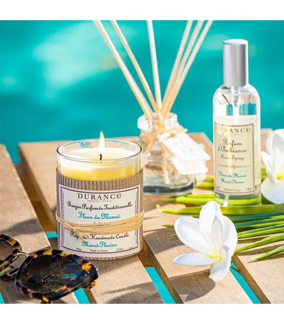 Monoï Flower - Linen Mist 250 ml.Spray.Monoï Flower  - Mini Candle 30 gr.Monoi Flower diffuser Scented-Bouquet_