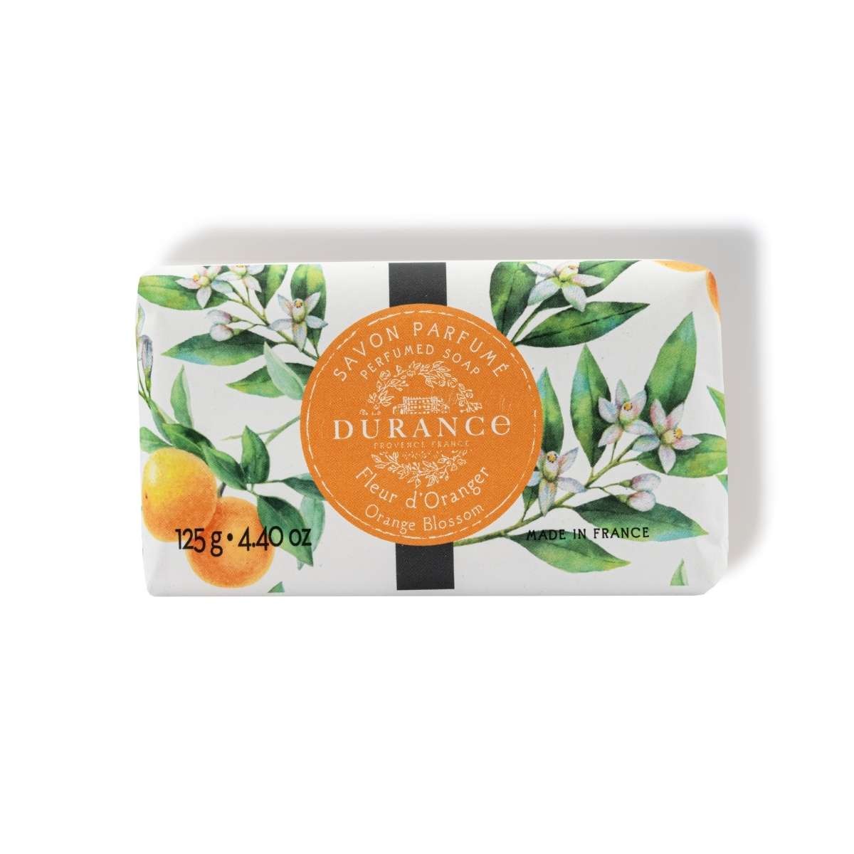 A bar of Durance Orange Blossom Soap with a floral design, featuring orange and white colors, and labeled 'Samovar PARFUM D'ORANGE'.
