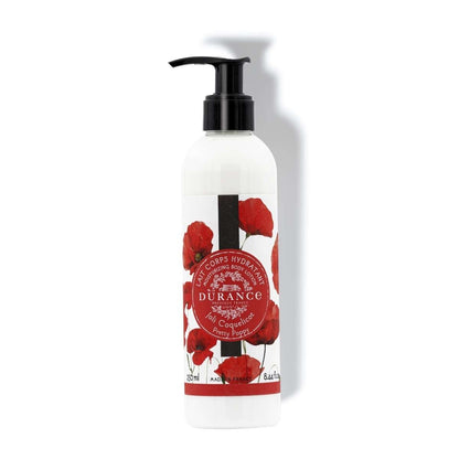 A pump bottle of Durance Pretty Poppy Moisturizing Body Lotion with a design of red poppies on the label.