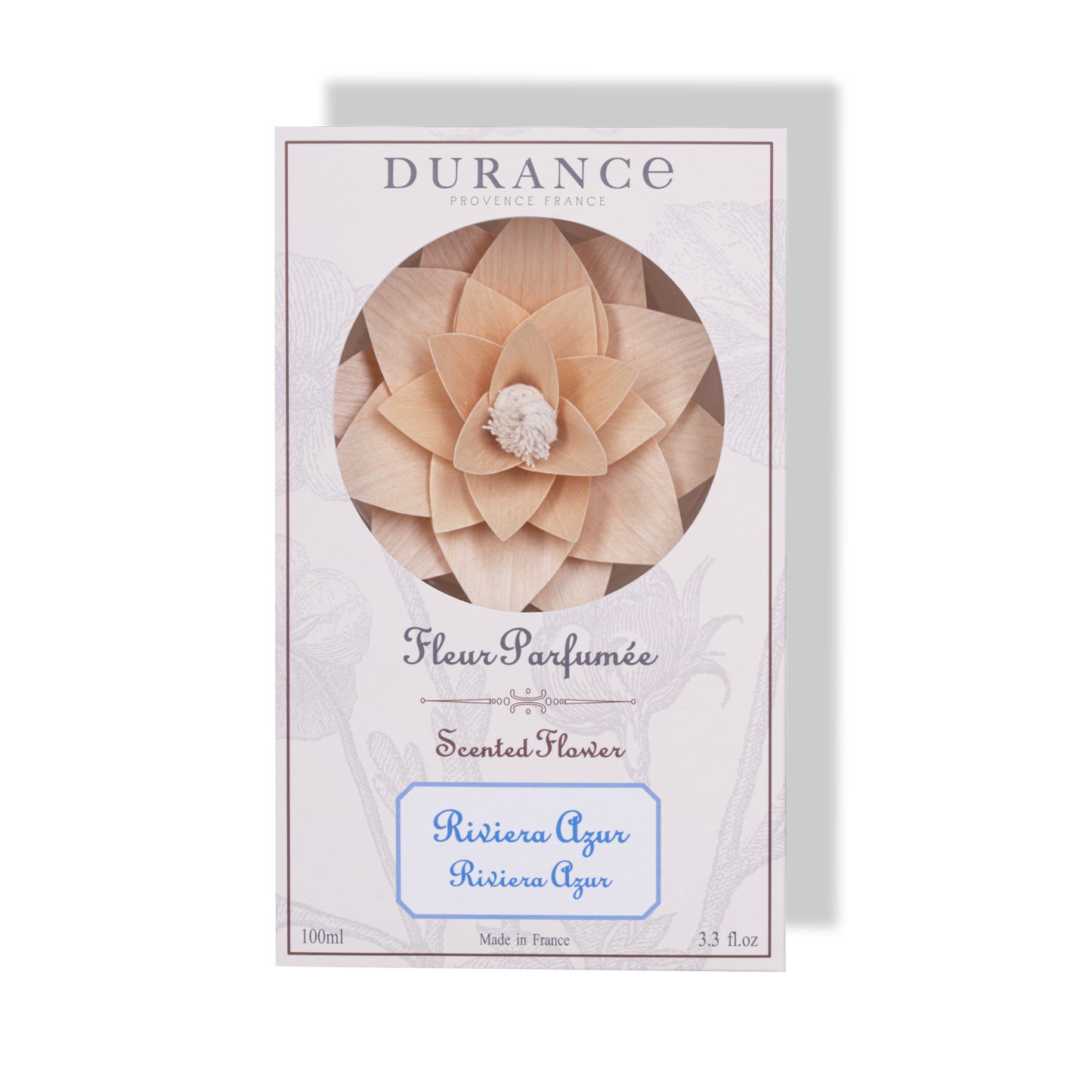Durance Riviera Azur Scented Flower packaging with a beige flower on a white background