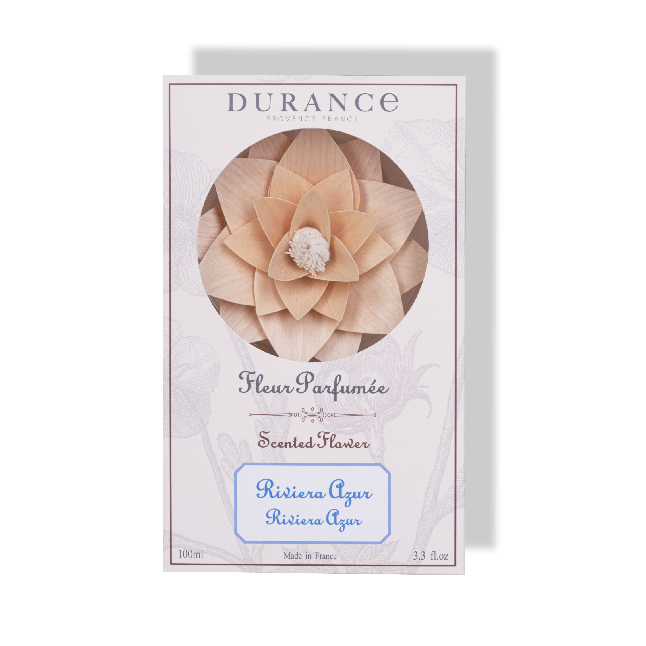 Durance Riviera Azur Scented Flower packaging with a beige flower on a white background