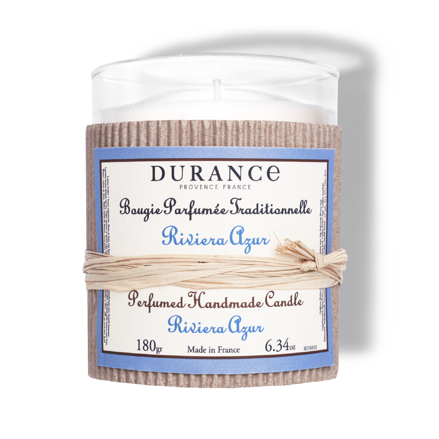 Durance Riviera Azur scented candle with label on a white background