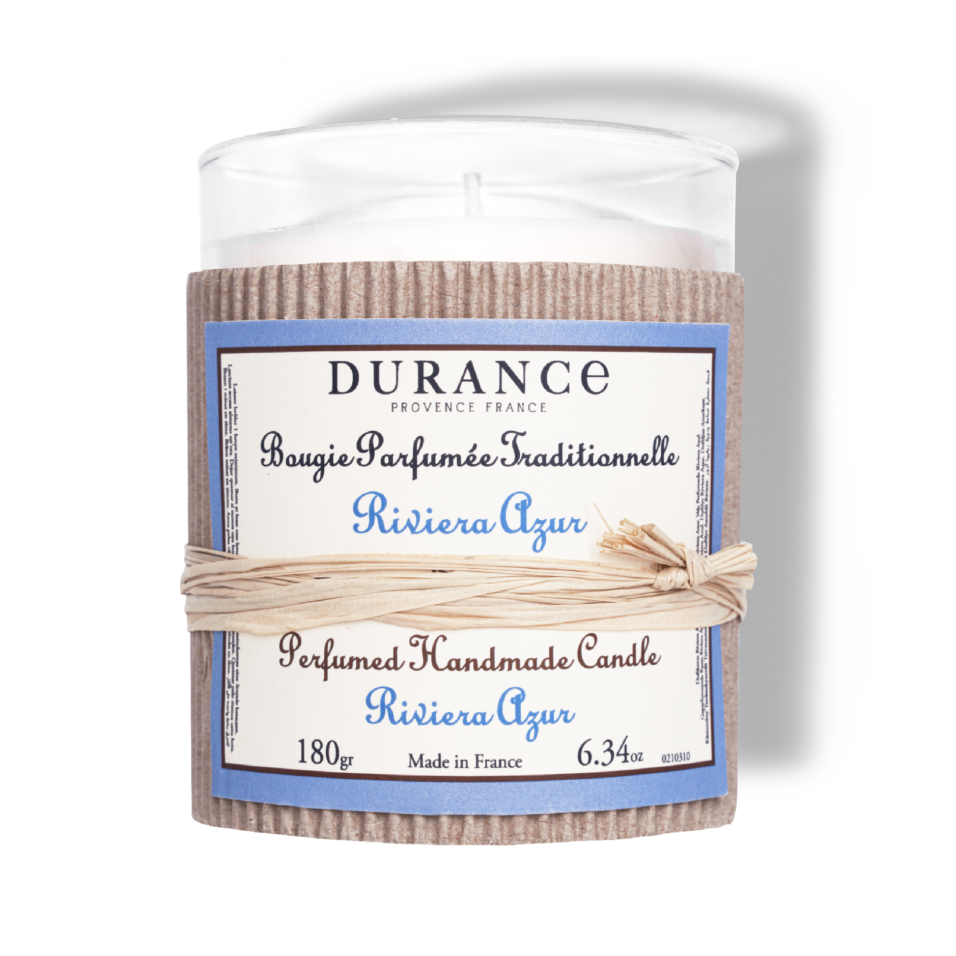 Durance Riviera Azur scented candle with label on a white background