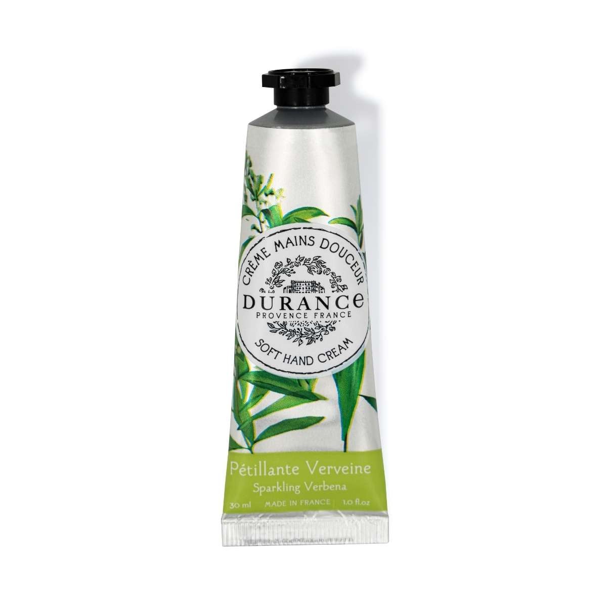 A tube of Durance Soft Hand Cream with Sparkling Verve, green almond illustration, and leafy patterns.