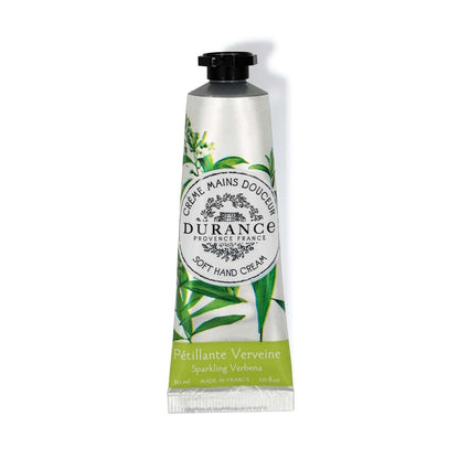A tube of Durance Soft Hand Cream with Sparkling Verve, green almond illustration, and leafy patterns.