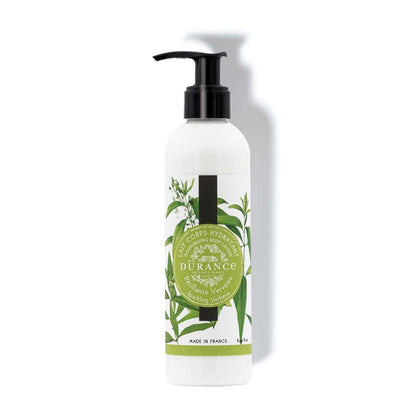 A pump bottle of Durance Sparkling Verbena Moisturizing Body Lotion against a white background.