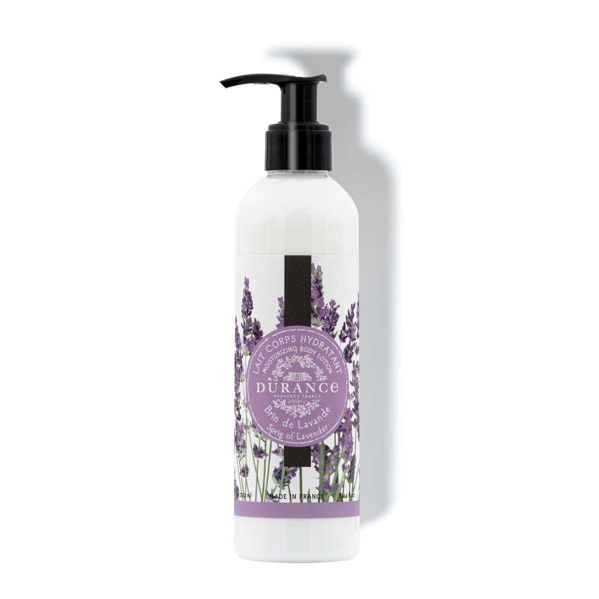 A pump bottle of Durance moisturizing body lotion with a lavender design on the label.