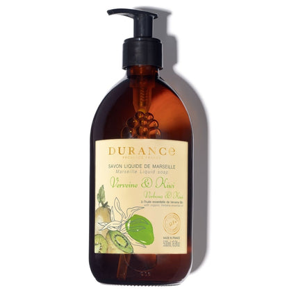 A clear pump bottle of Durance Marseille verbena & kiwi liquid soap with a label showing green apples and kiwis.