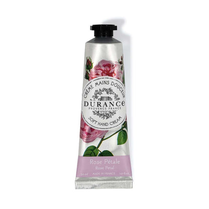 A tube of Durance Rose Petal hand cream with an illustration of a rose and leaves on the label.